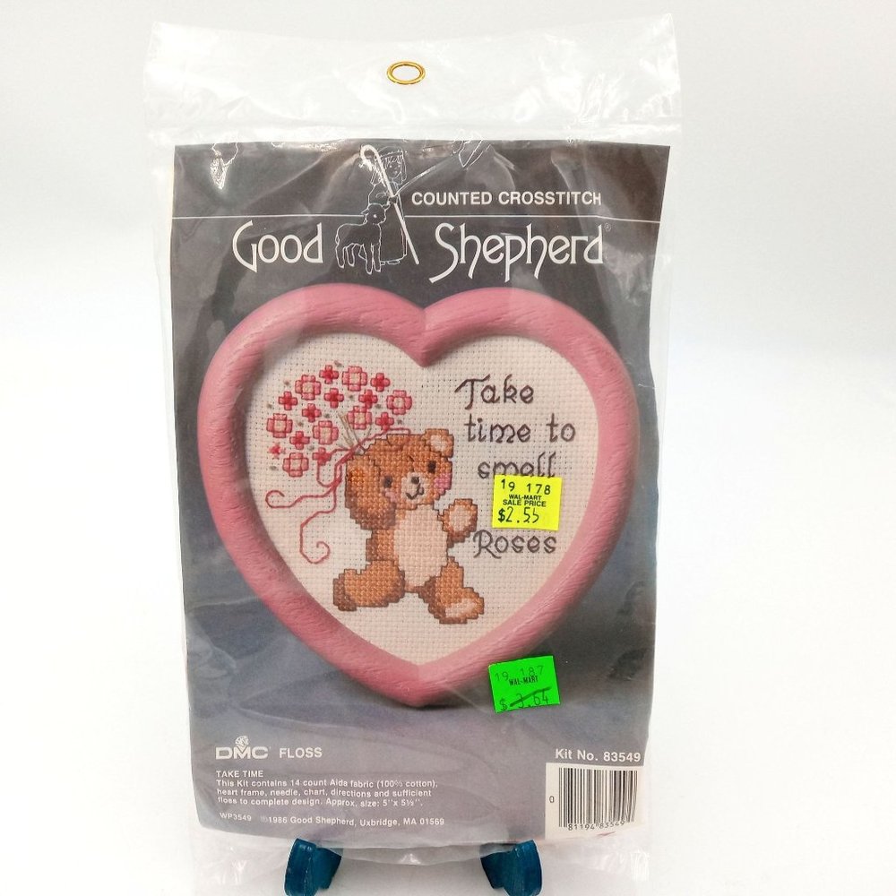 Teddy Bear Heart Counted Cross Stitch Kit NOS Vintage Take Time To Smell The Ros